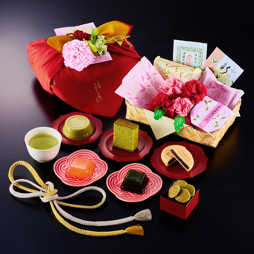 母の日 摘みたて新茶入り 花咲く竹かごセット