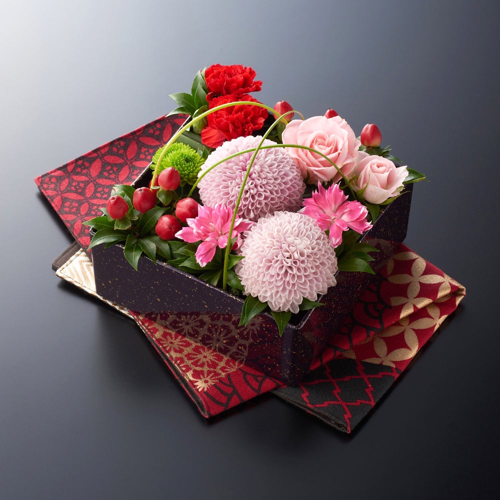 和モダンフラワーギフトと花咲く竹かごセット